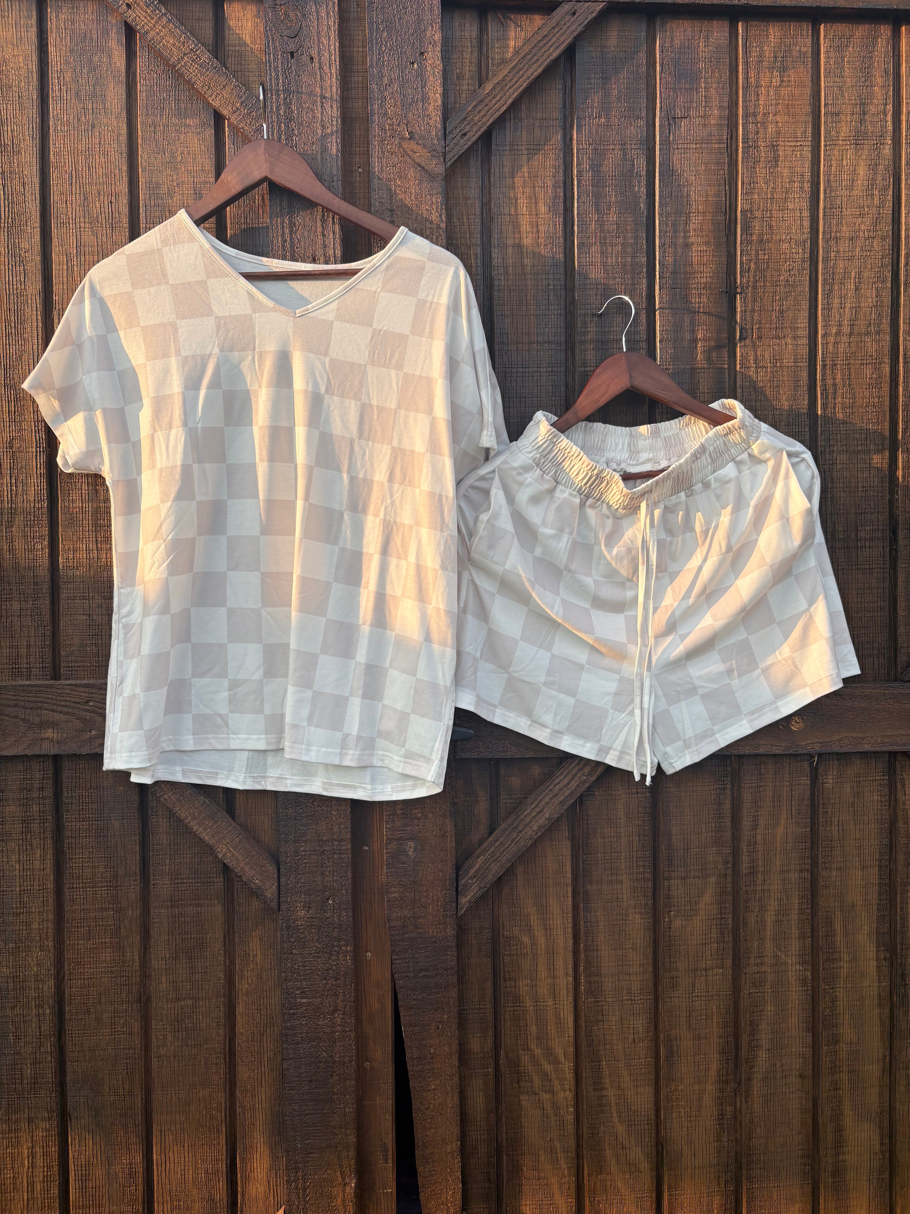 Beige Checkered Short Sets
